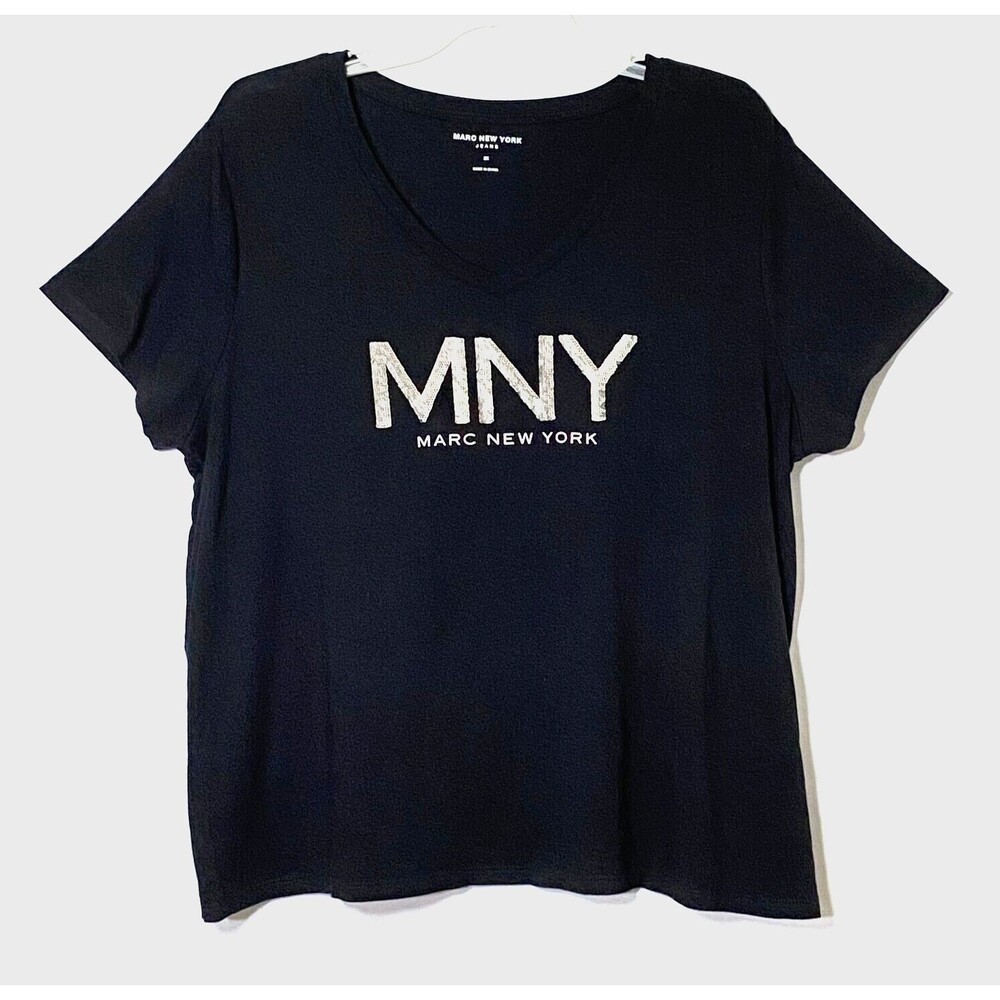 Marc New York Sequin Logo T Shirt Women Plus Size 2X Black Silver Knit Read